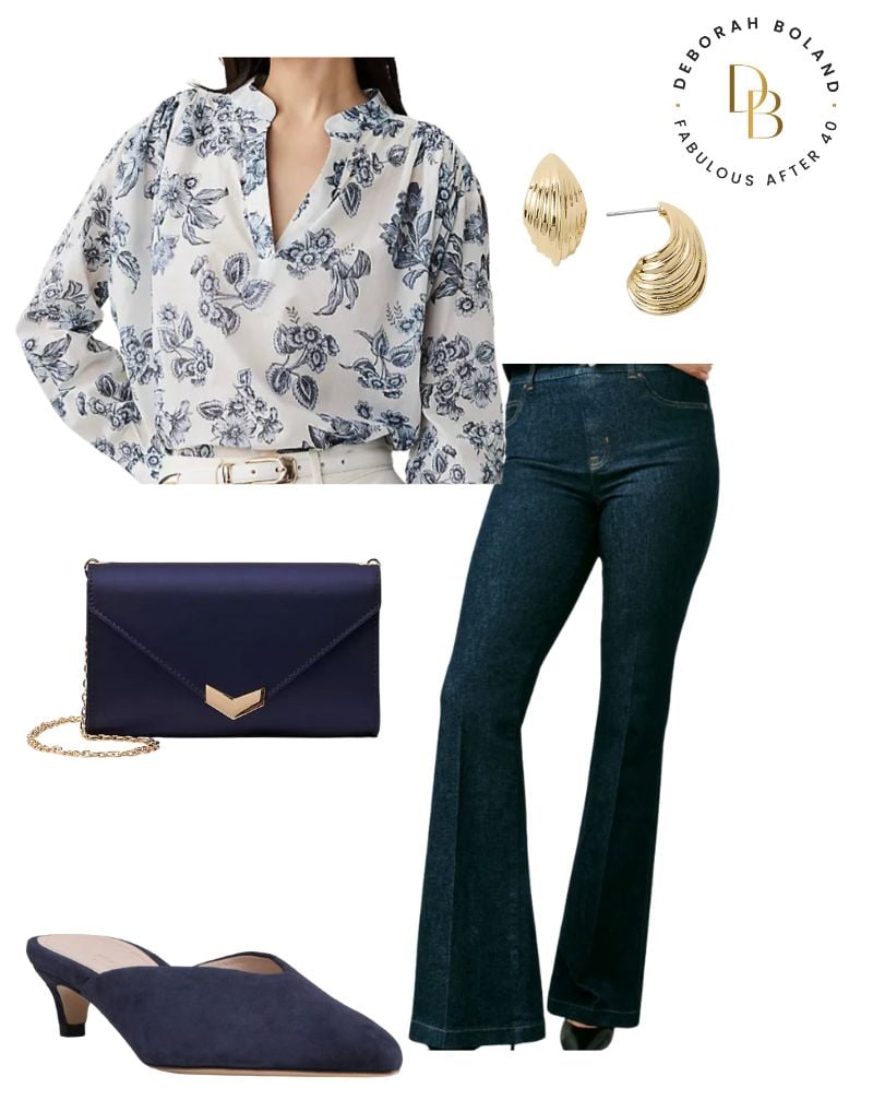 Apple Body type - Flare jeans White Floral Blouse