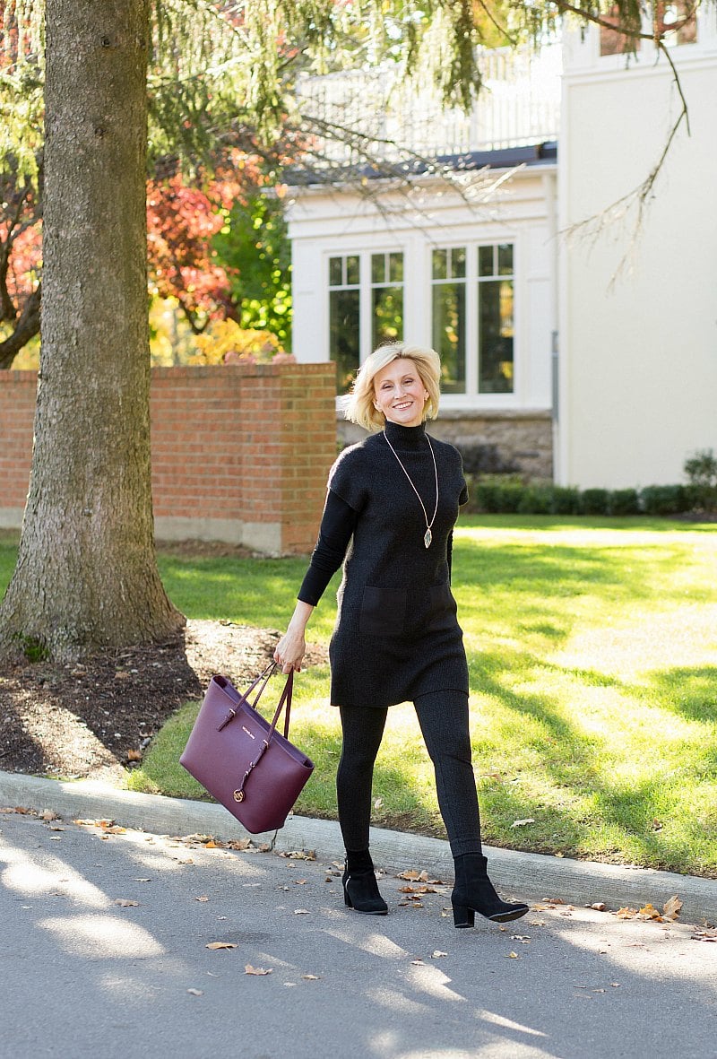 Gray Ponte leggings, tunic sweater worn by Deborah Boland, fashion expert