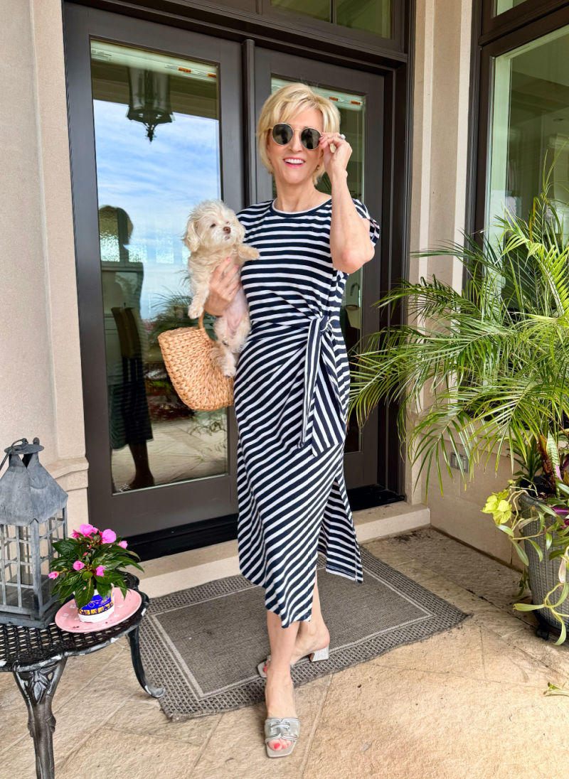 blue and white striped midi dress