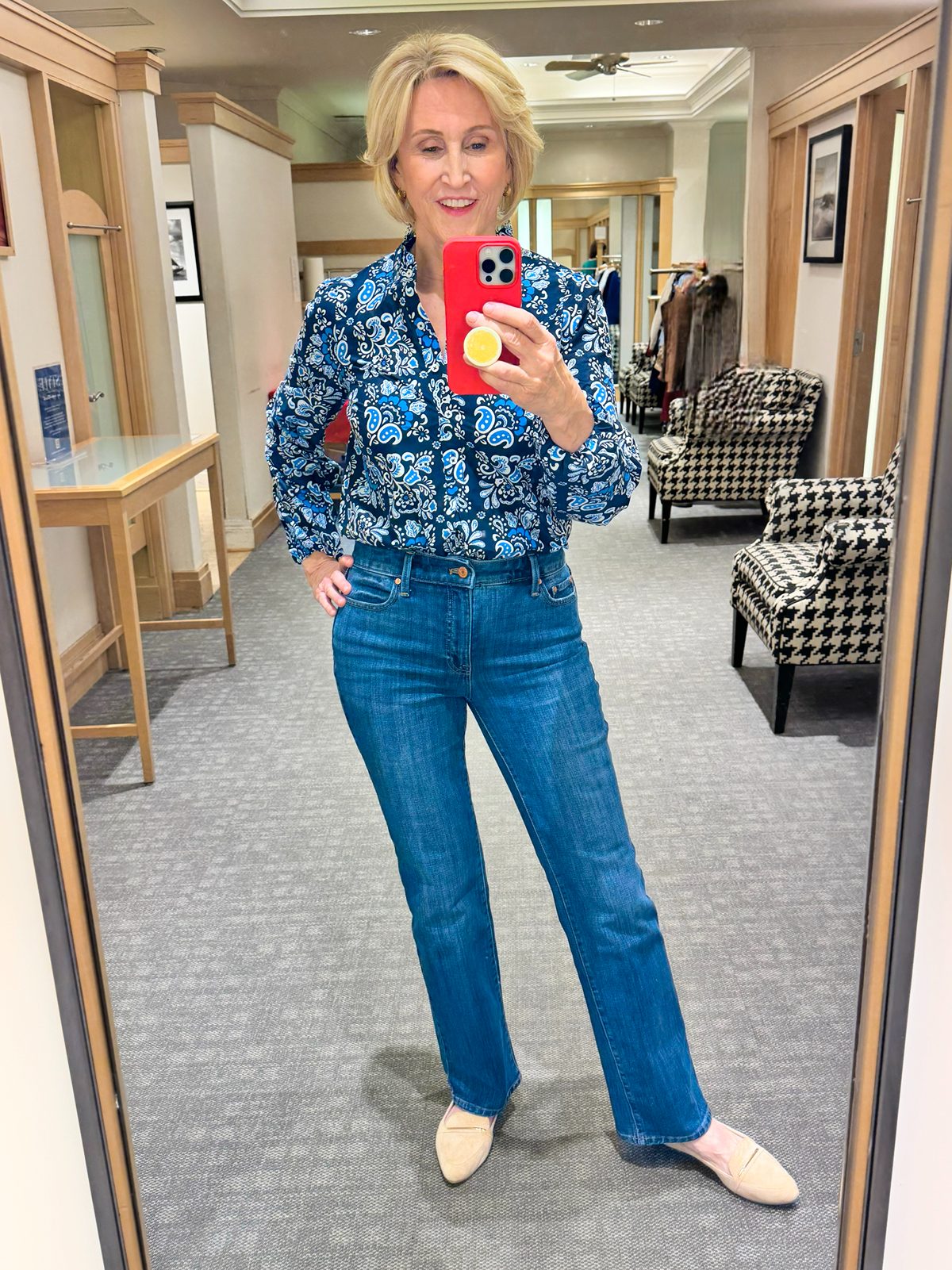 Blue print shirt with jeans