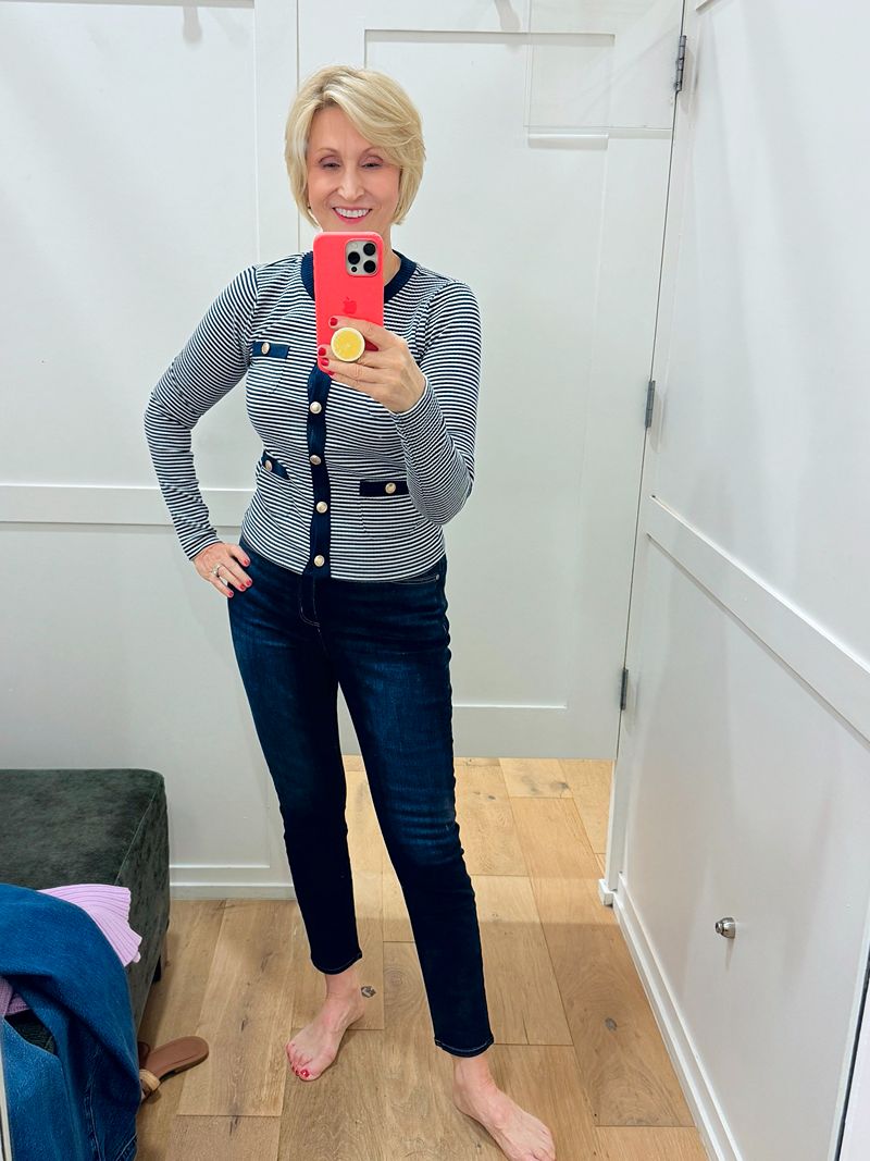 Navy Striped Cardigan Top | Loft Winter Try-On Haul