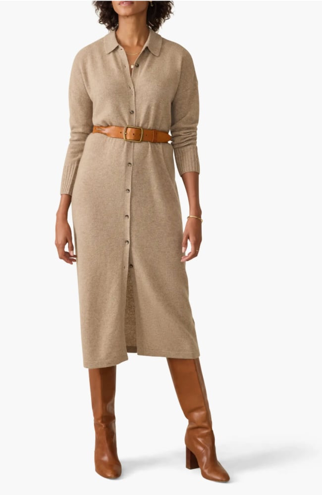 camel sweaterdress with belt and boots