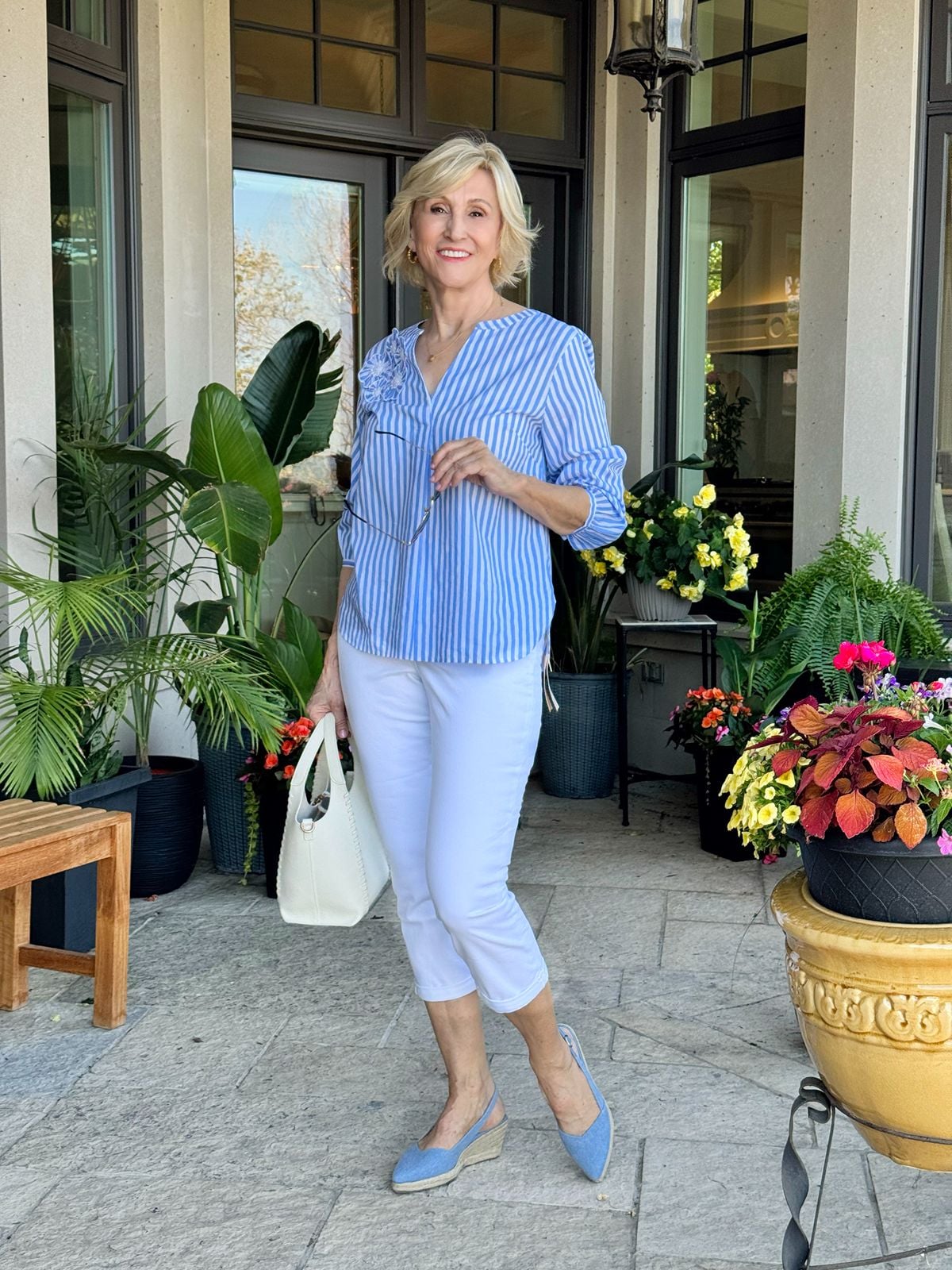 Light blue espadrille wedges with pale blue capri pants