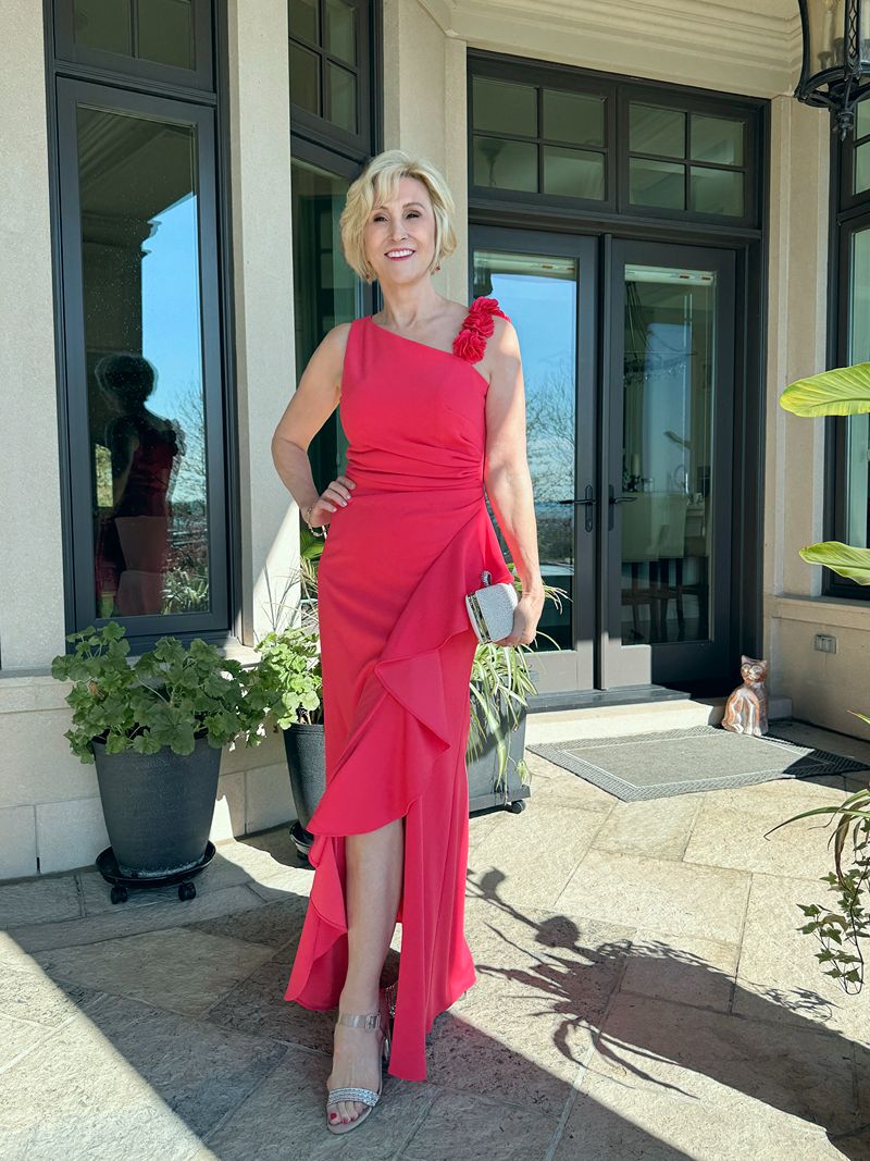 coral wedding guest dress