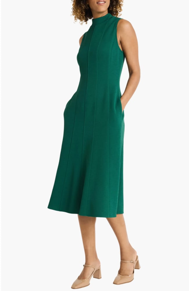 green sweater dress mules