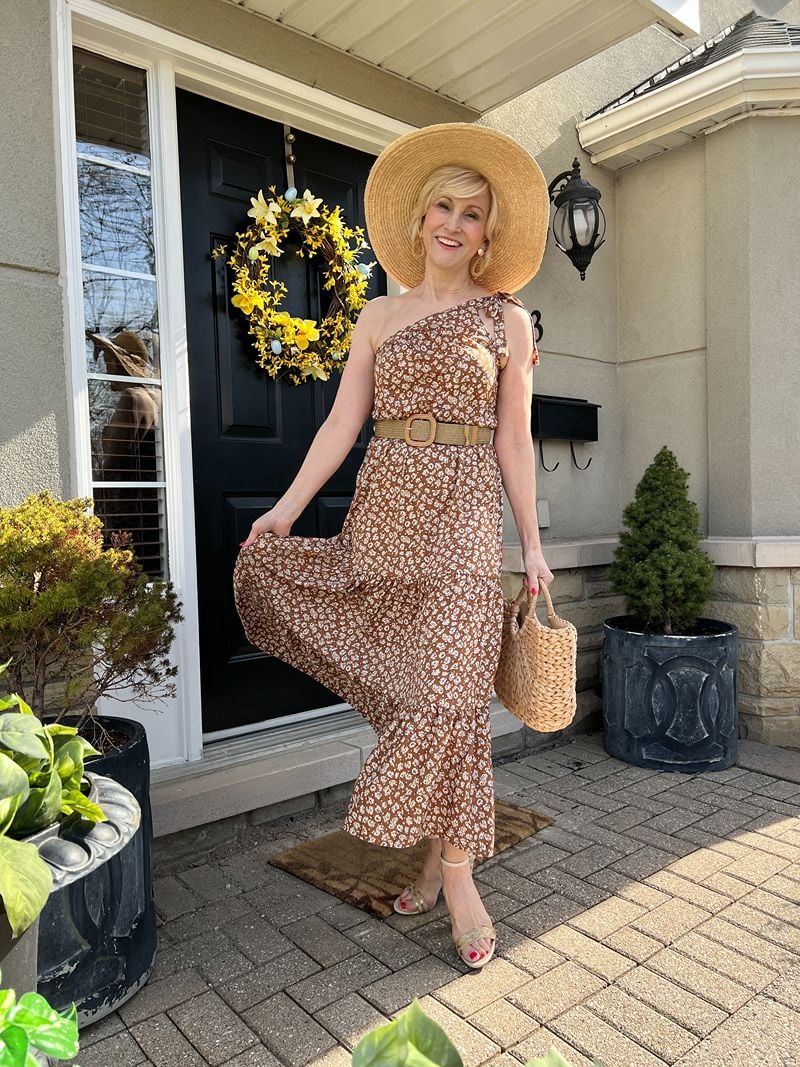 straw floppy hat with one shoulder midi dress