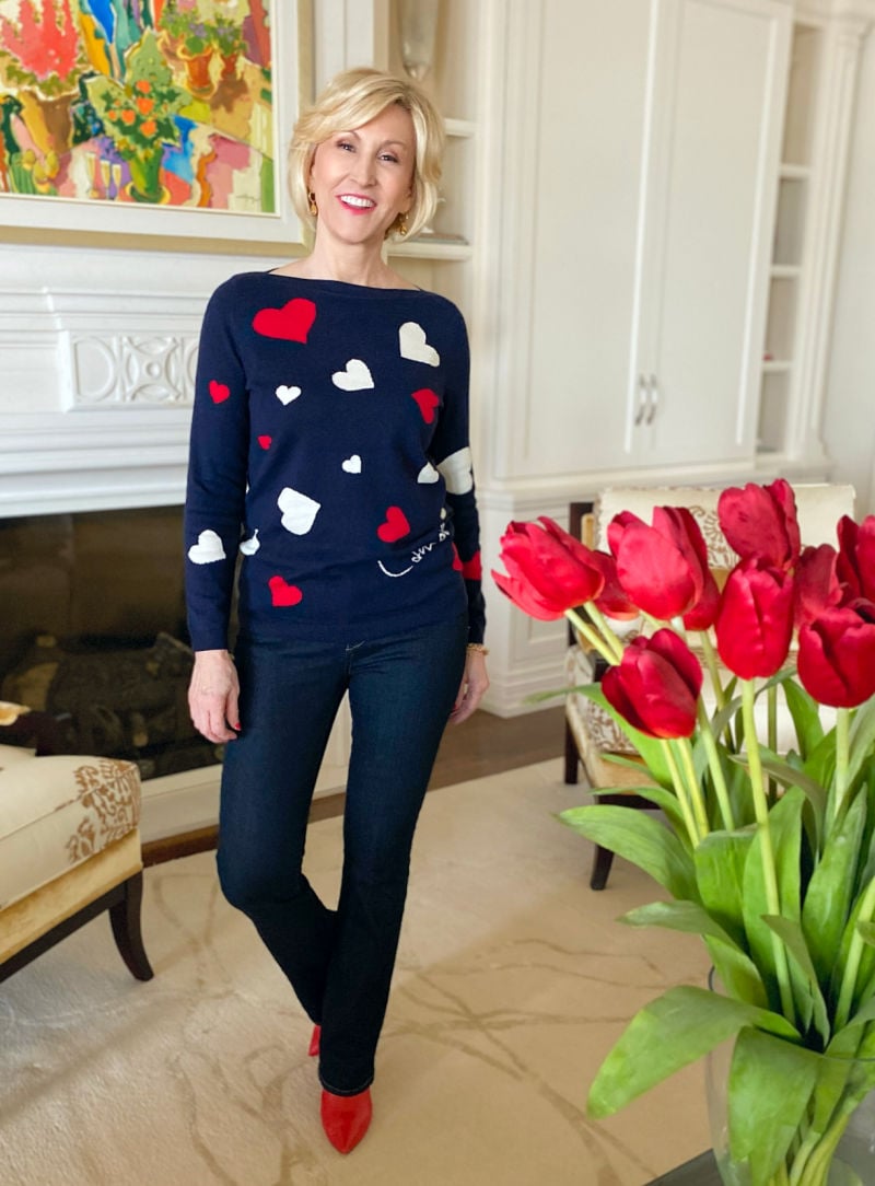 navy, red and white hearts sweater