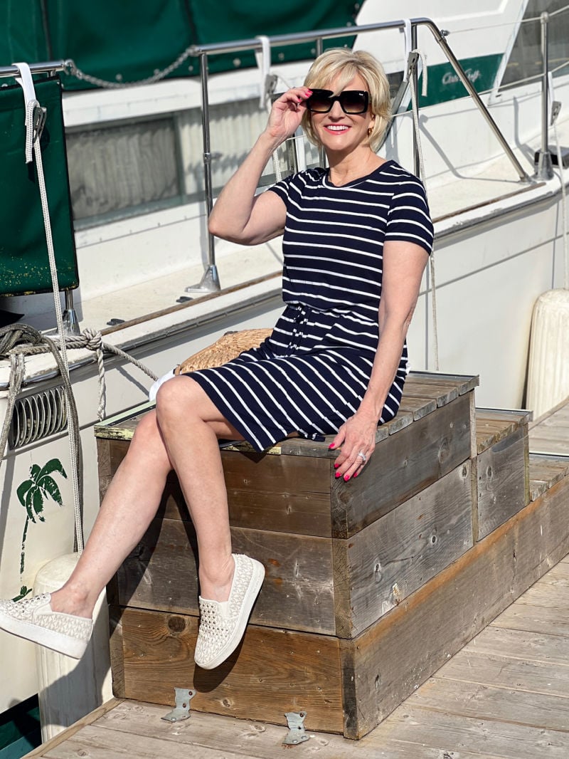 navy striped drawstring sundress