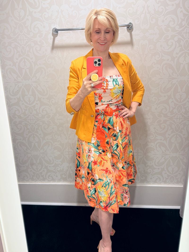orange floral dress and jacket