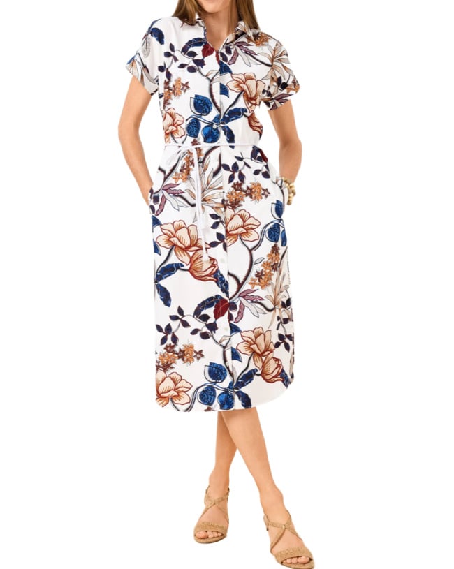 petite summer dress -white, blue, and brown botanical print shirtdress with rope belt