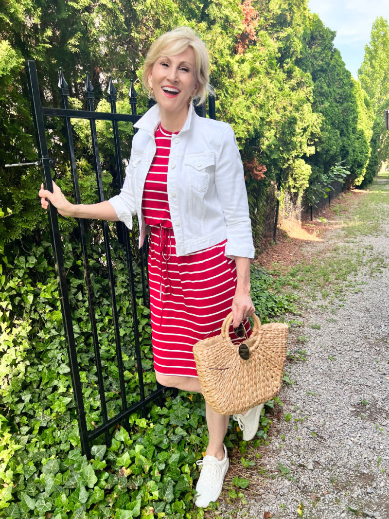 red striped dress, white jacket
