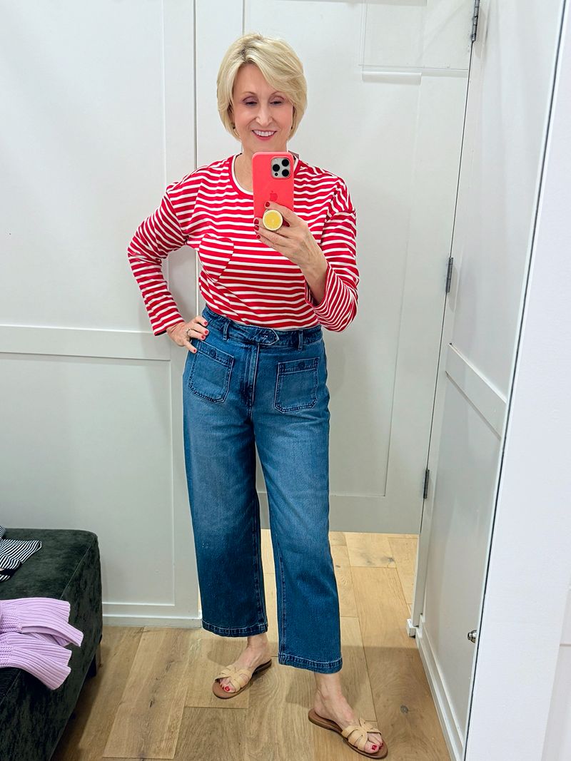 red striped valentine's day top with wide leg pants