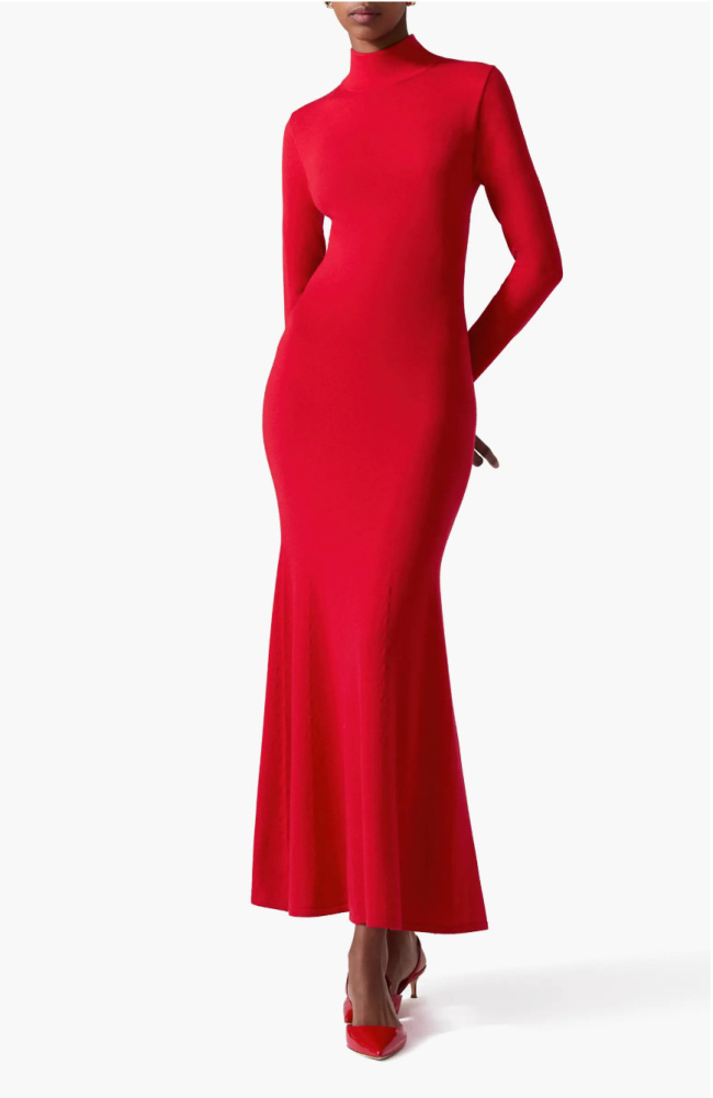 red sweater dress red pumps