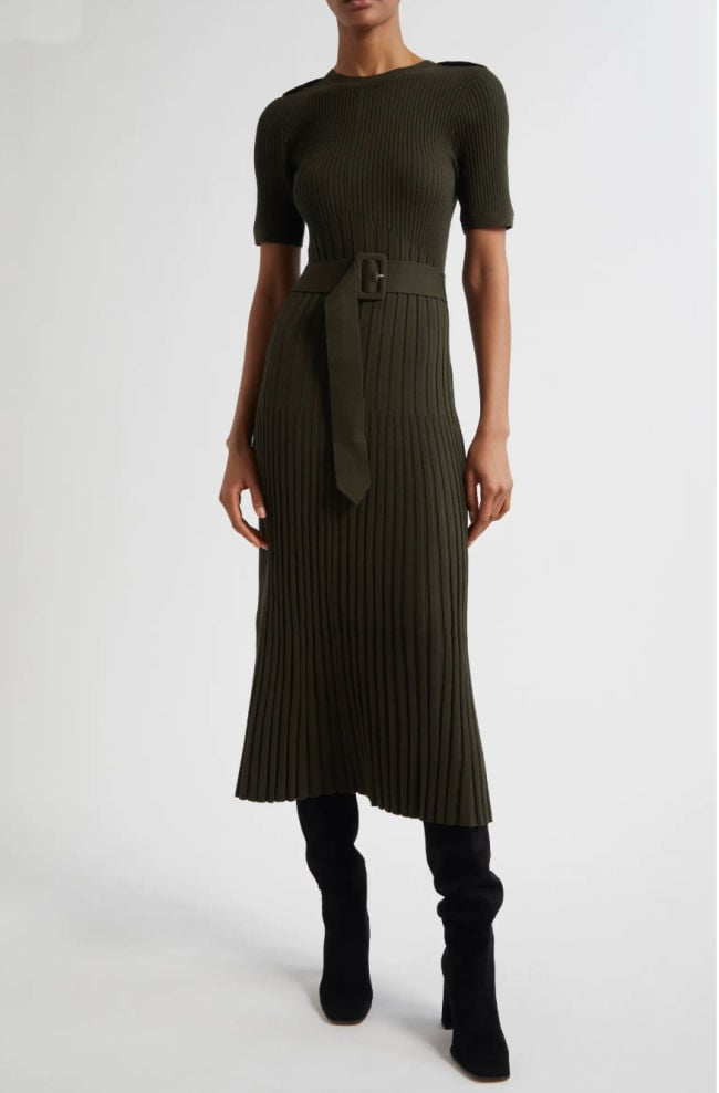 ruched boots with olive sweater dress