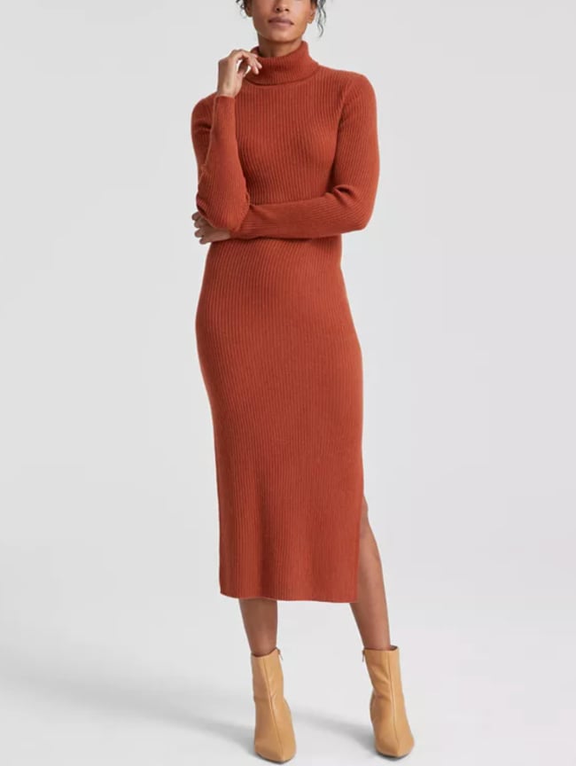 rust sweater dress with booties