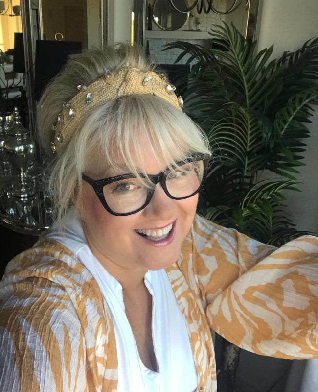 woman wearing a burlap embellished headband