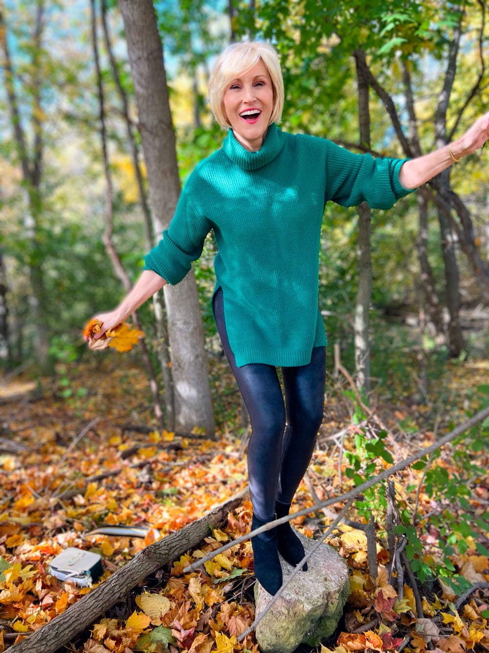spanx fleece lined leggings, green tunic sweater worn by Deborah Boland - Fabulous After 40