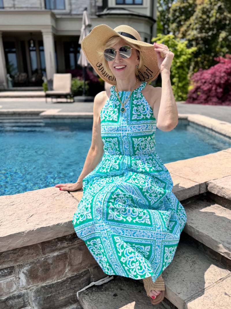 straw beach hat with maxi dress