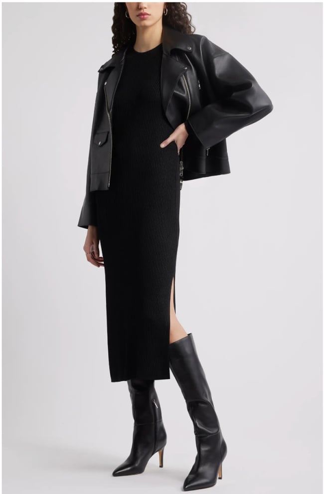 tall black boots with sweaterdress