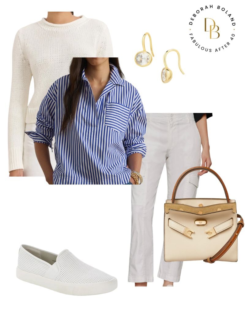 White cargo pants outfit with blue striped shirt, cream sweater, white slip-on sneakers, and tan handbag
