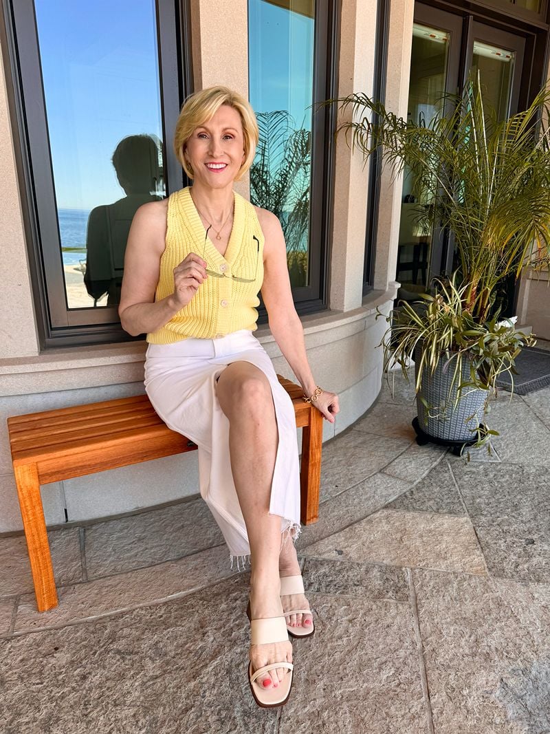 white denim midi yellow vest