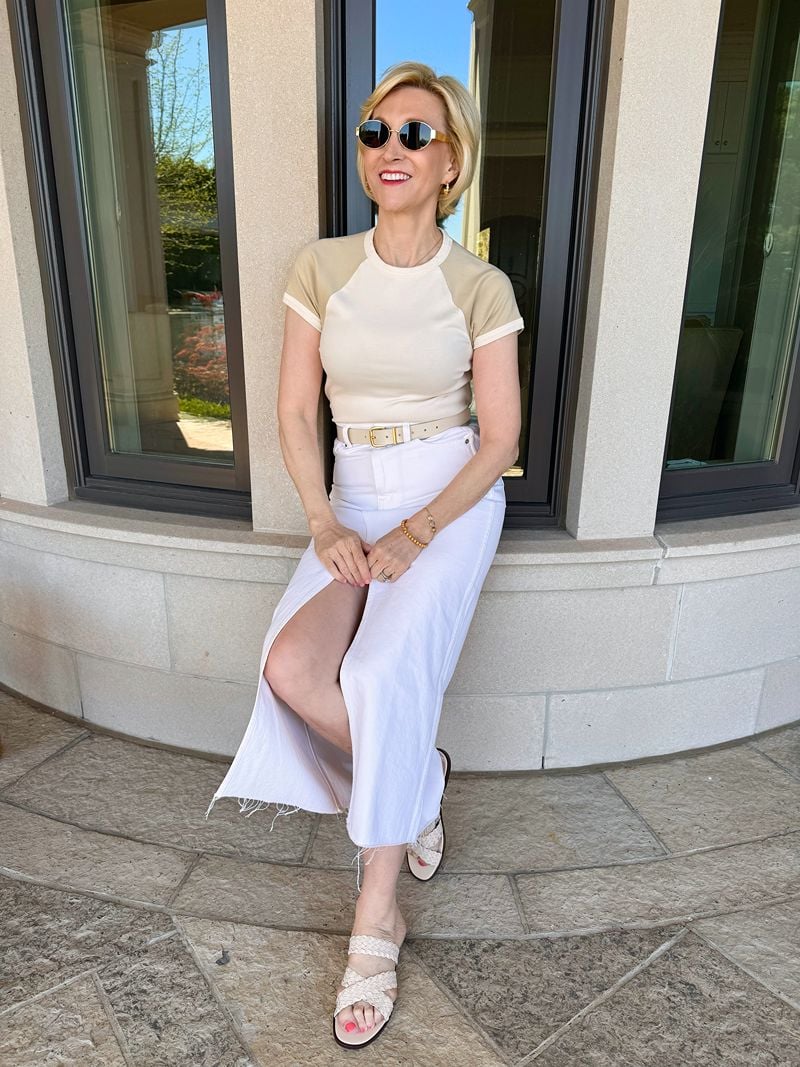 white denim midi color block tee