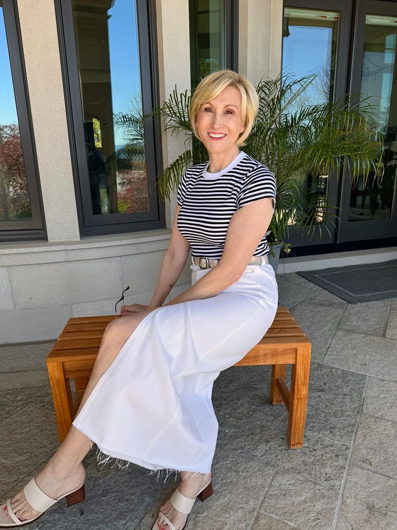 white denim midi skirt classic crew neck stripe tee