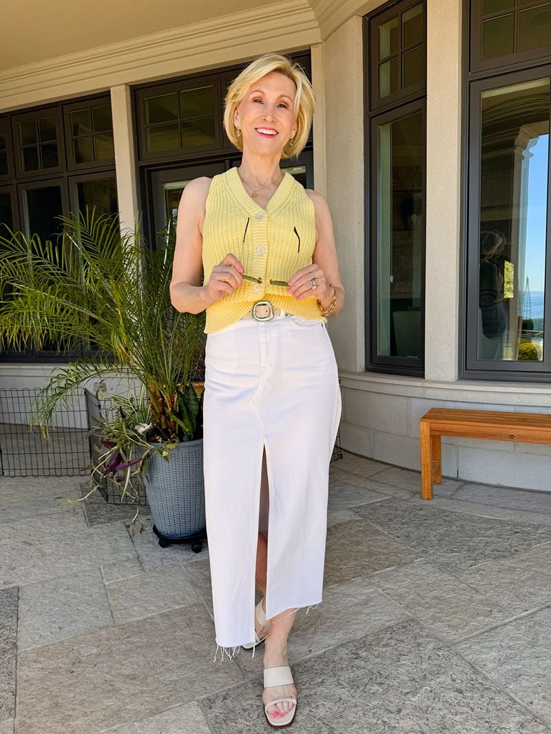 white denim midi yellow knit vest