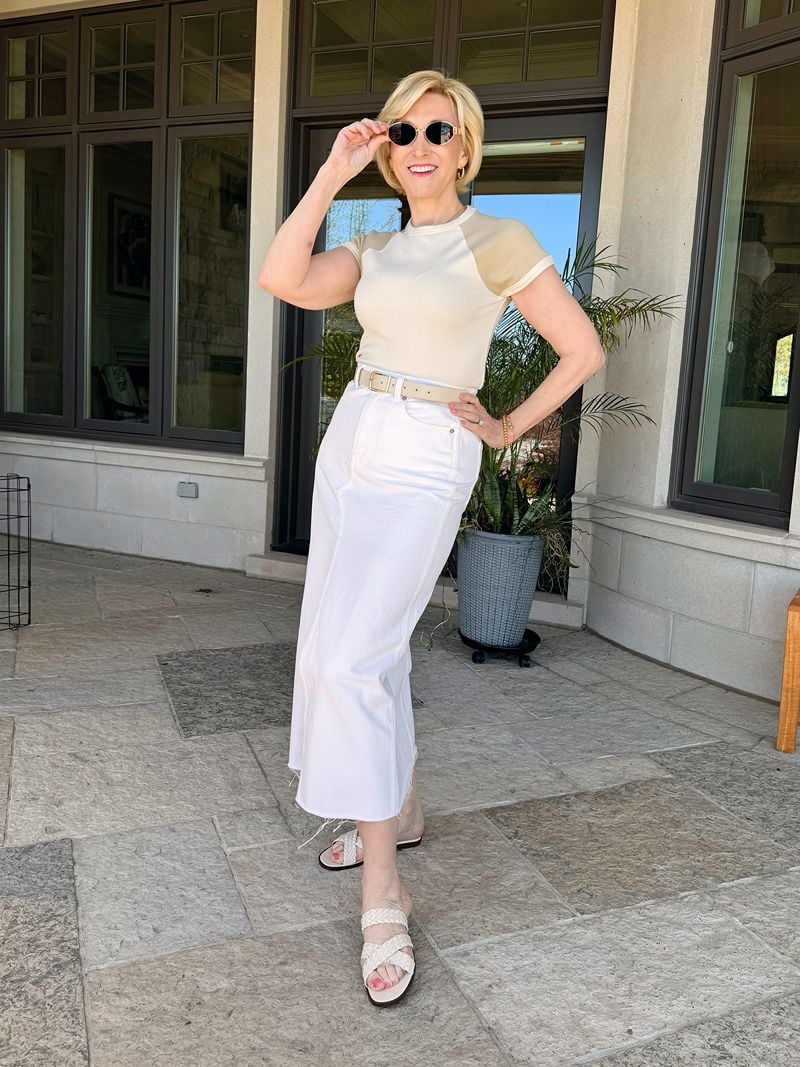 white denim top beige tee