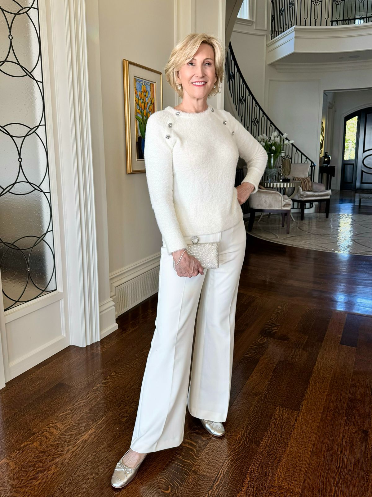 white jeweled top, white pants