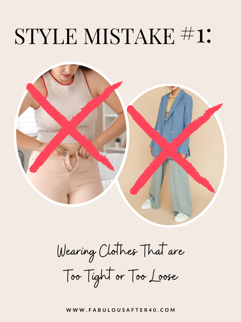 STYLE MISTAKES TO AVOID OVER 40, WEARING CLOTHES THAT ARE TOO TIGHT OR TOO LOOSE, MAKE SURE YOUR CLOTHING FITS
